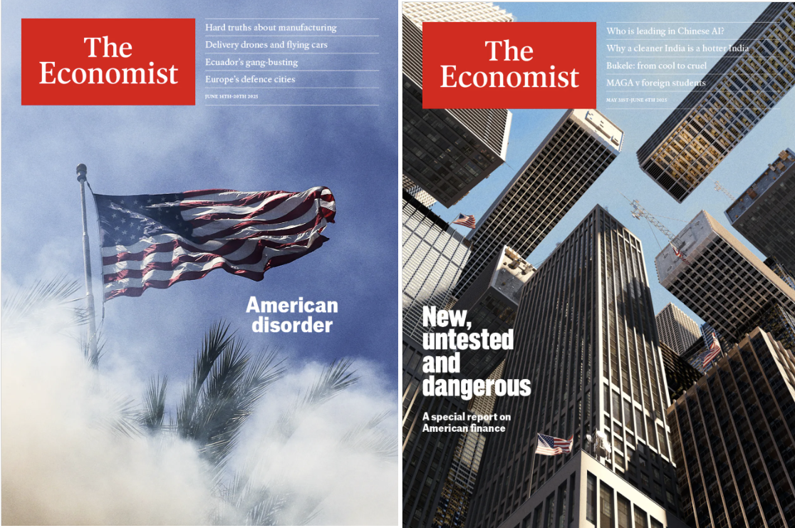 Image of The Economist discussing economic theories, one representing global perspectives and the other focusing on American economics.