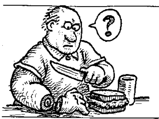 Illustration of a man savoring a sandwich, humorously representing concepts from "The Basic Laws of Human Stupidity."