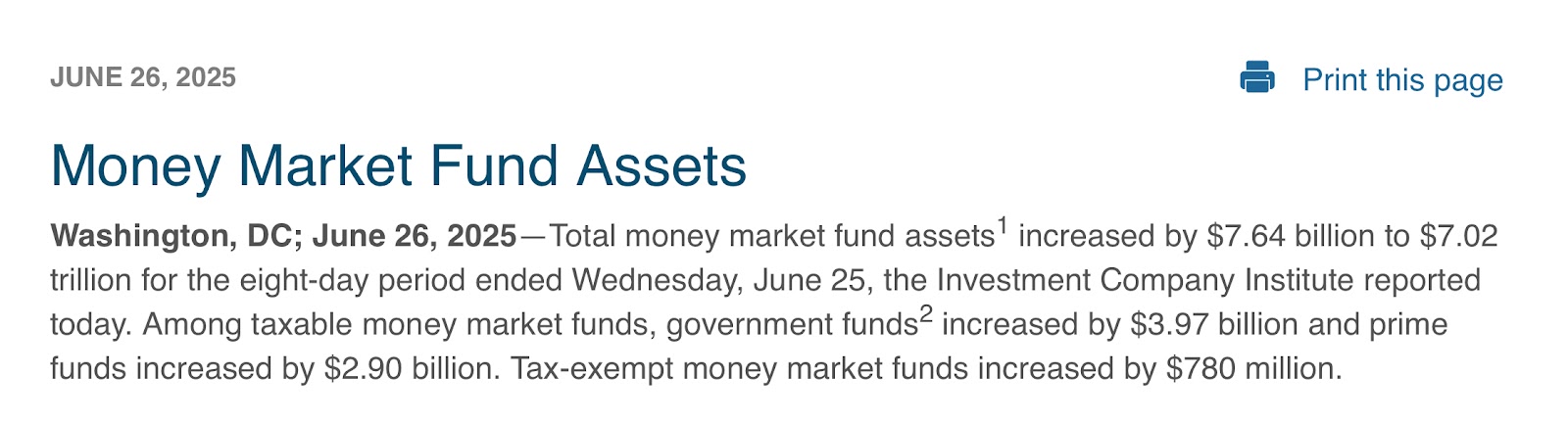 Money Market Fund Assets report dated June 26, 2025. Total assets rose by $7.64 billion to $7.02 trillion, highlighting increases in government and prime funds.