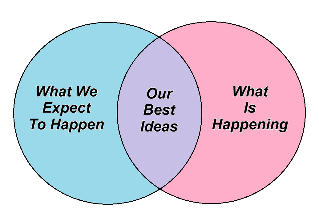 Venn diagram with three sections: left circle in light blue labeled "What We Expect To Happen," right circle in pink labeled "What Is Happening," and the overlapping purple area labeled "Our Best Ideas."