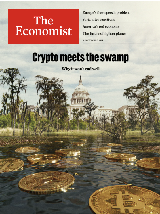 Cover of The Economist featuring the headline "Crypto meets the swamp: Why it won't end well" with swamp imagery.