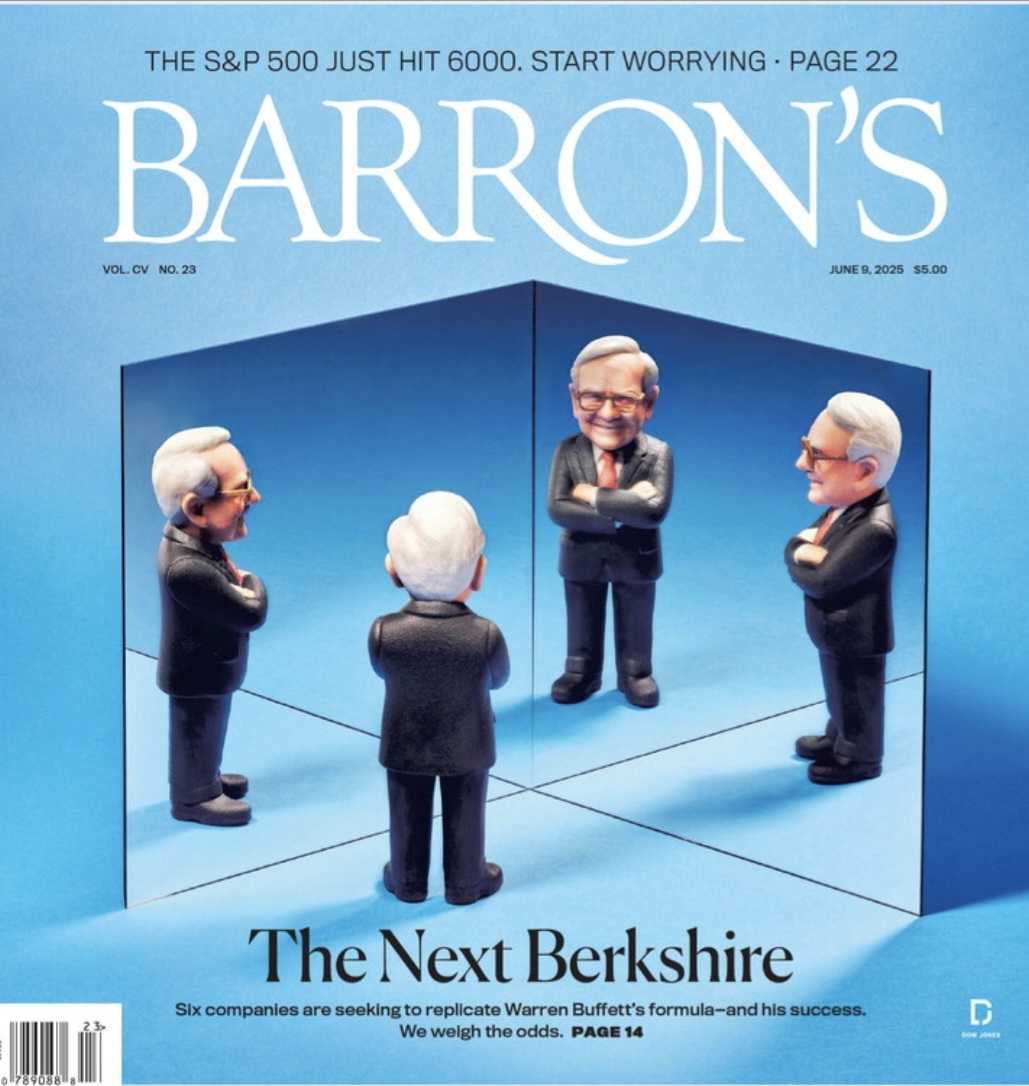 Four figurines in suits stand facing each other on a reflective surface resembling a mirrored cube. The cover text reads, "The Next Berkshire."