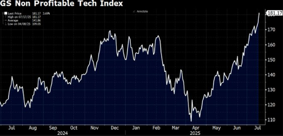 Line graph showing Goldman Sachs Non Profitable Tech Index from July 2024 to July 2025. Peaks in December and July, low in April. Current value at 181.17.