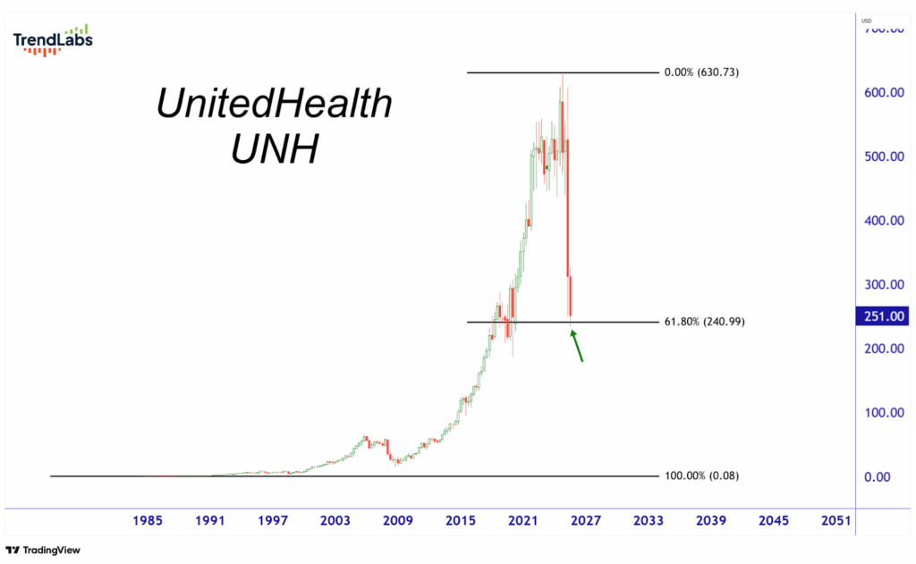 Chart of UnitedHealth (UNH) stock price from 1985 to 2051, highlighting a recent drop near the 61.80% retracement level at $240.99.