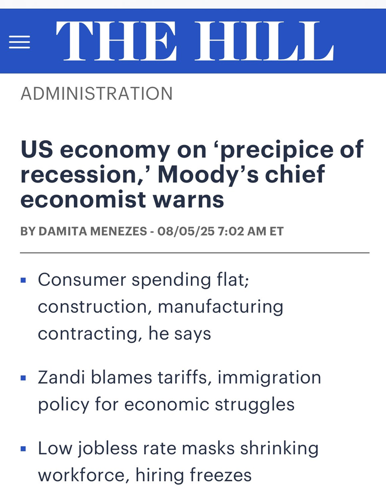Headline from The Hill warns of US economic recession, citing stagnant consumer spending and economic challenges from tariffs and hiring freezes.