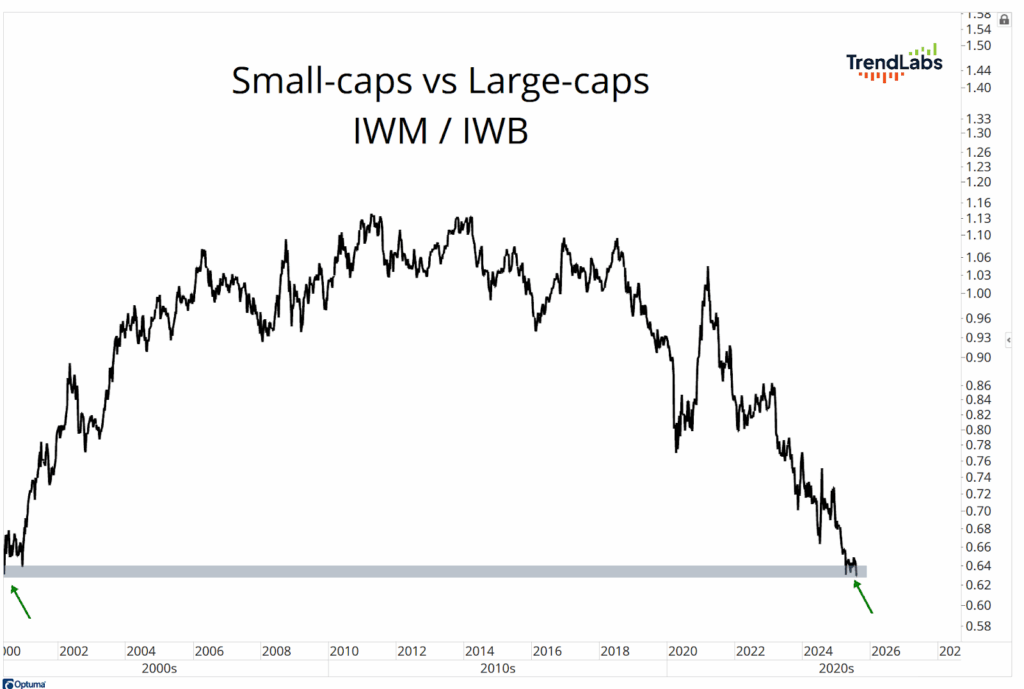 Comparison of small-cap and large-cap stocks, represented by IWM and IWB indices, highlighting their performance differences.