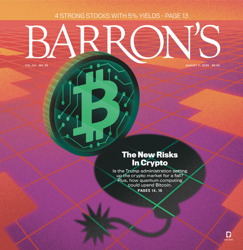 Barron's cover featuring a 3D Bitcoin symbol with digital circuitry, highlighting risks in crypto alongside a vibrant retro background.