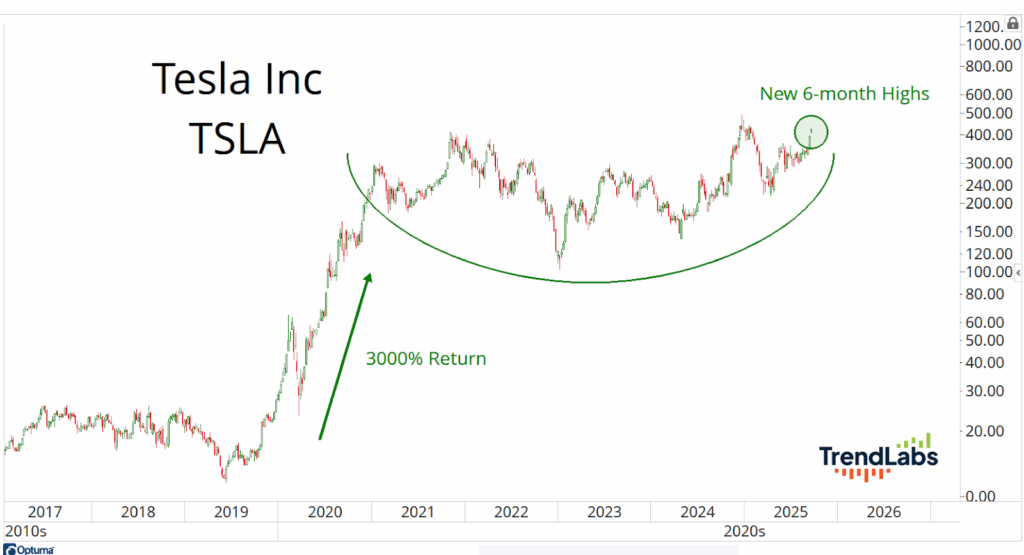 Line chart showing Tesla Inc. (TSLA) stock from 2015 to 2026. Highlights include a 3000% return from 2019 to 2021 and new 6-month highs in 2025.