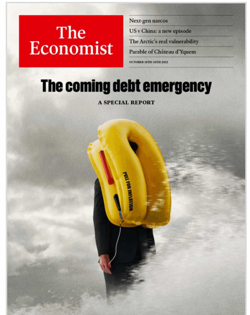 Magazine cover of The Economist with a headline, 'The coming debt emergency.'' A person in a suit has an inflated yellow life jacket over their head, symbolizing financial strain.