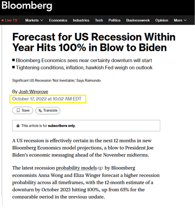 Bloomberg article headline predicts a 100% chance of a US recession within a year, noting challenges for President Biden. Published October 17, 2022.