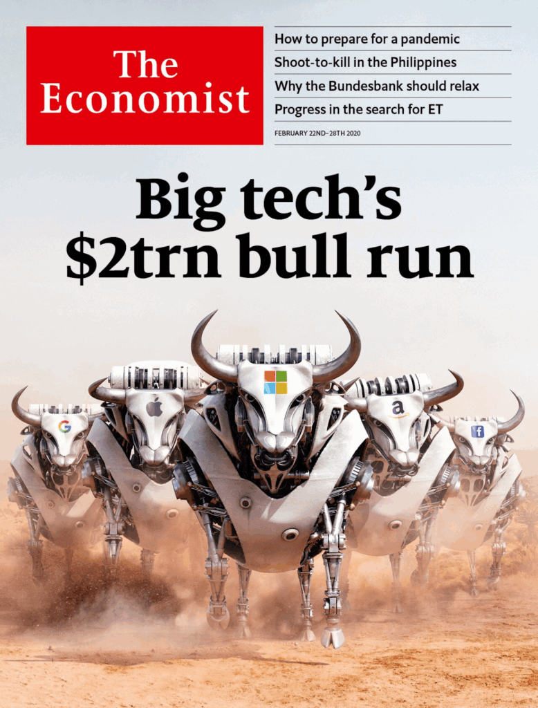 Cover of The Economist featuring robotic bulls with tech logos charging forward. The headline reads, "Big tech's $2trn bull run," conveying a tone of dominance.