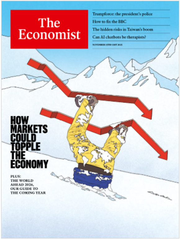 The Economist cover depicts a skier upside down in snow, holding two plummeting red arrows, symbolizing economic downturn. Text discusses market instability.