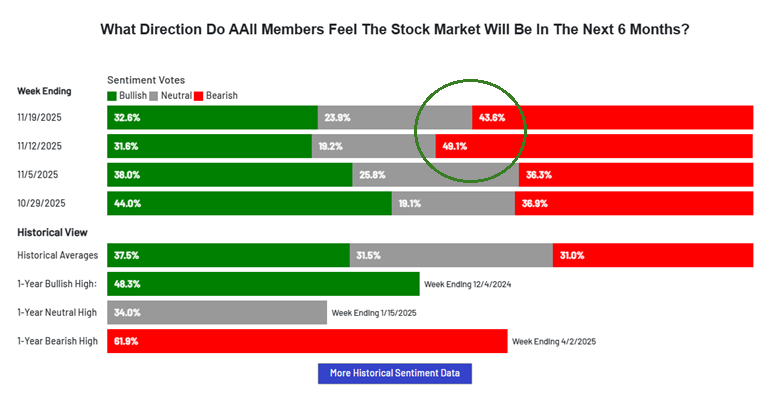 Bar chart showing AAII members' stock market sentiment for upcoming months. Bullish, neutral, and bearish votes displayed in green, gray, and red bars, respectively. Highest bearish vote is 49.1% on 11/12/2025.