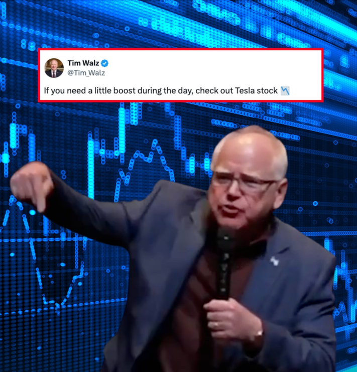 A man gestures energetically while holding a microphone. Behind him, a digital stock chart is visible. A tweet about Tesla stock is overlaid above.