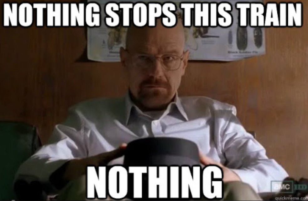 Text above: "Nothing stops this train", below: "Nothing". Intense tone.
