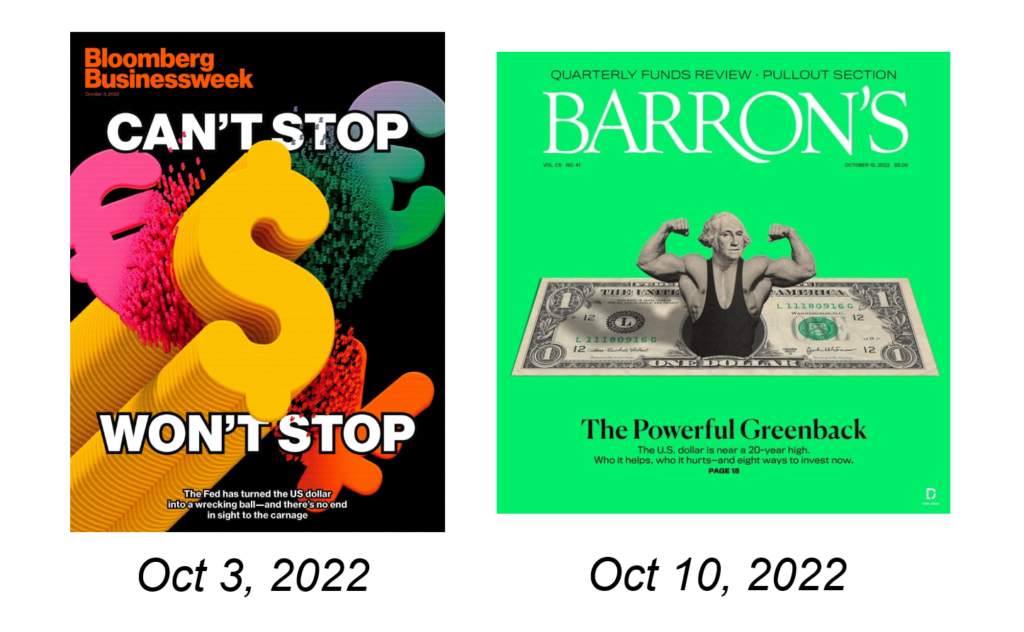 Bloomberg Businessweek cover with colorful abstract shapes, 'Can't Stop Won't Stop' text; Barron's cover features muscular figure lifting a dollar bill, highlighting dollar strength.