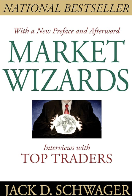 Market Wizards book cover; features the title in large green text and author's name below. A suited figure holds a glowing crystal ball with currency symbols.