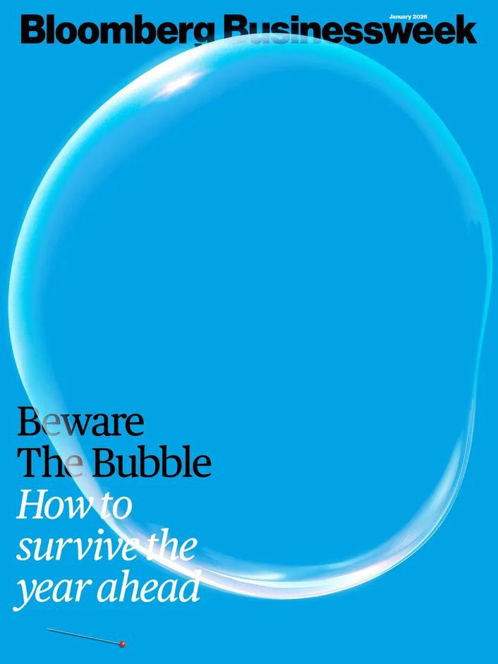 Cover of Bloomberg Businessweek features a large, transparent bubble against a blue background. Text reads 'Beware The Bubble: How to survive the year ahead,' conveying caution.