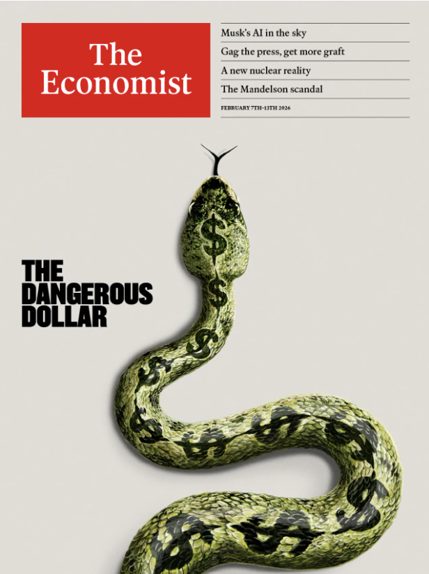 Cover of The Economist showing a snake with dollar signs on its body, titled 'The Dangerous Dollar.' The image conveys a sense of caution about economic issues.