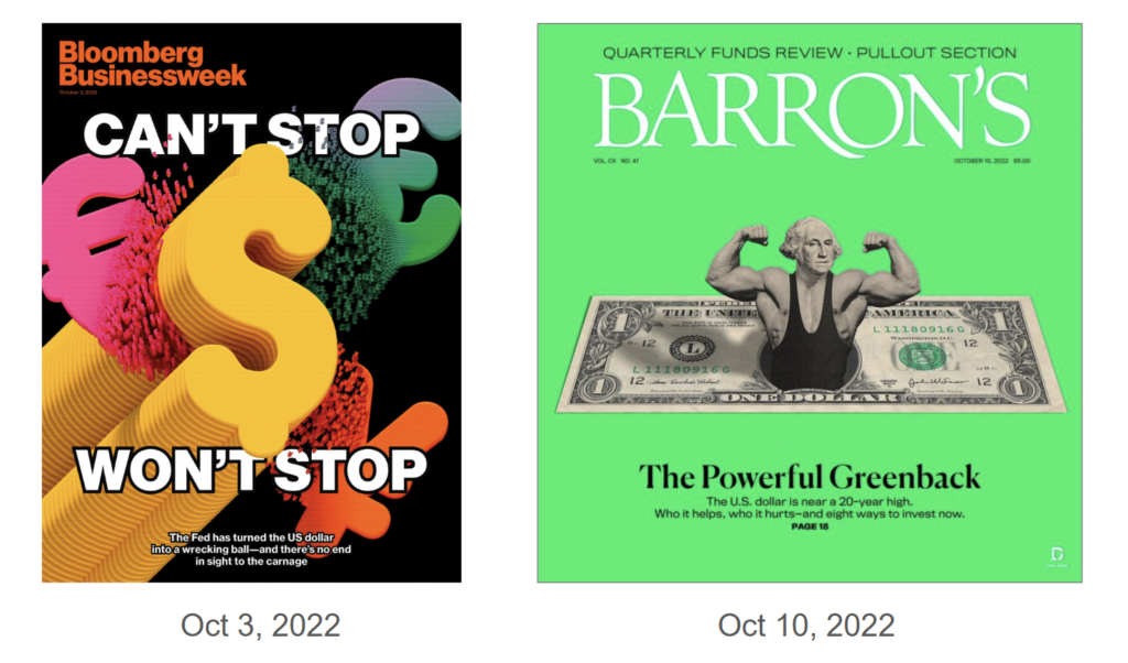 Left cover: Bright 3D dollar sign with 'CAN'T STOP WON'T STOP' text on a colorful background. Right cover: Strongman with a dollar bill body, titled 'The Powerful Greenback.' Dates are Oct 3 and Oct 10, 2022.