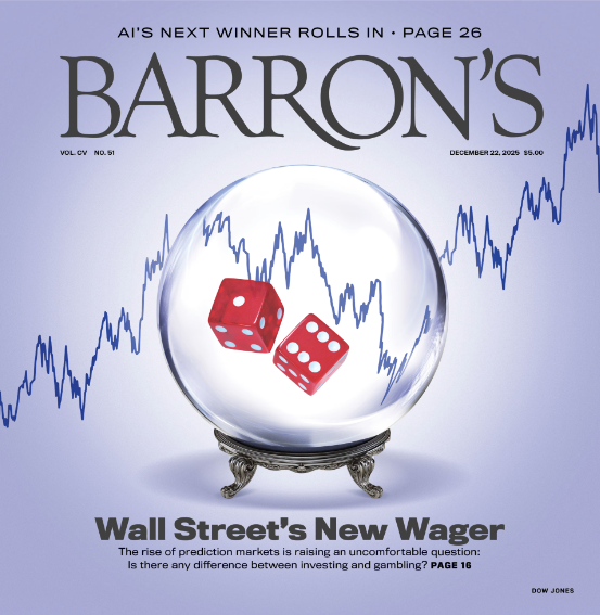 Cover of Barron's magazine featuring two red dice inside a crystal ball, set against a fluctuating stock market graph. Headline reads 'Wall Street's New Wager.'