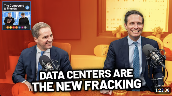 Two men in suits sit in a podcast studio with microphones. The text 'Data Centers Are the New Fracking' appears below them.