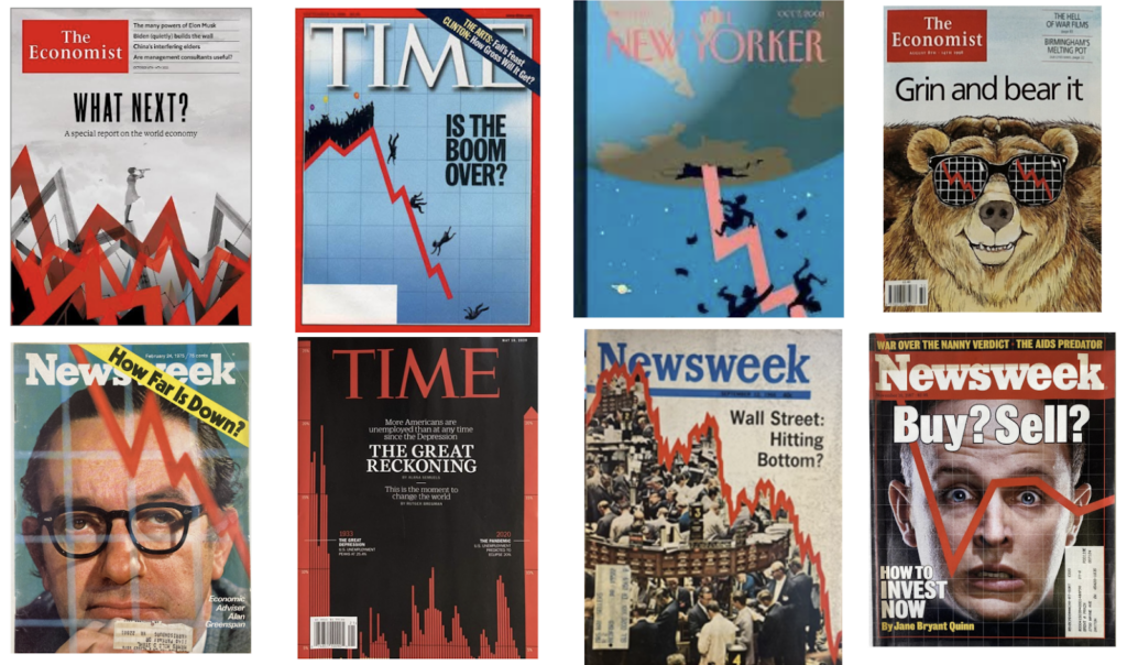 A collage of eight magazine covers depicting economic downturns, each featuring downward red arrows or graphs. The tone suggests financial crisis and concern.
