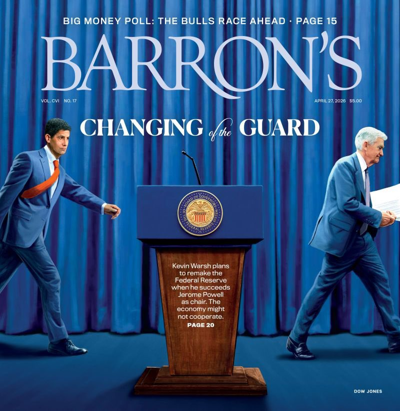 Barron's cover titled 'Changing of the Guard,' shows two men in suits passing by a podium with the U.S. Federal Reserve seal, set against a blue curtain backdrop.