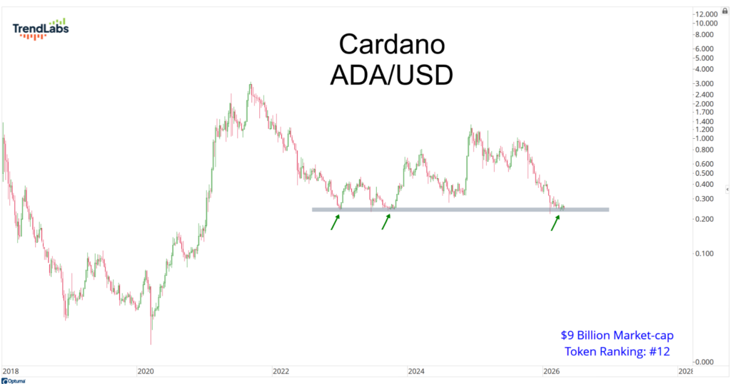 Line chart of Cardano ADA/USD from 2018-2026 shows fluctuating trend with clear support line. Text notes $9 billion market cap and rank #12.