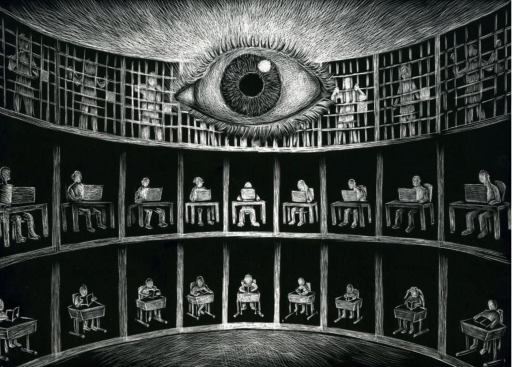 A large eye overlooks people working on computers in a circular prison-like setting, conveying themes of surveillance and control, with a dark, eerie tone.