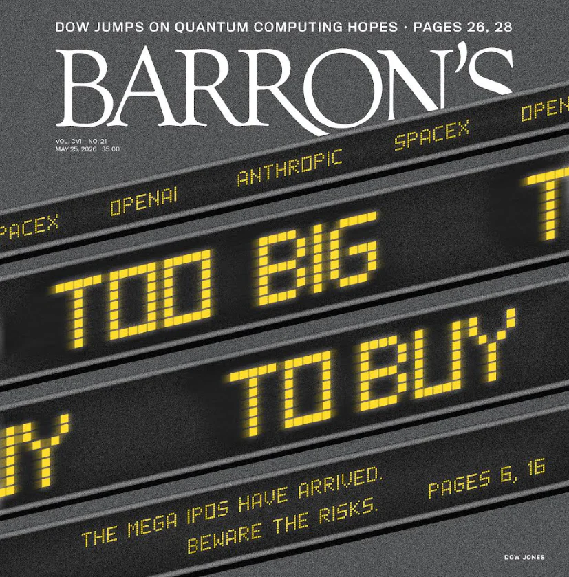 Cover of Barron's magazine featuring a ticker-style display with the text "TOO BIG TO BUY," suggesting financial caution. Keywords include SpaceX, OpenAI.